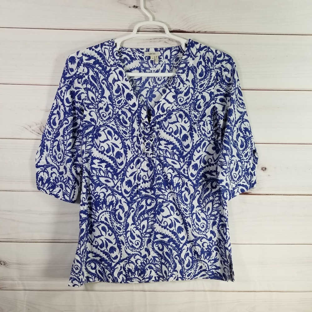 Tyler Boe Blouse Top Womens Size 4 Paisley Print Blue White.